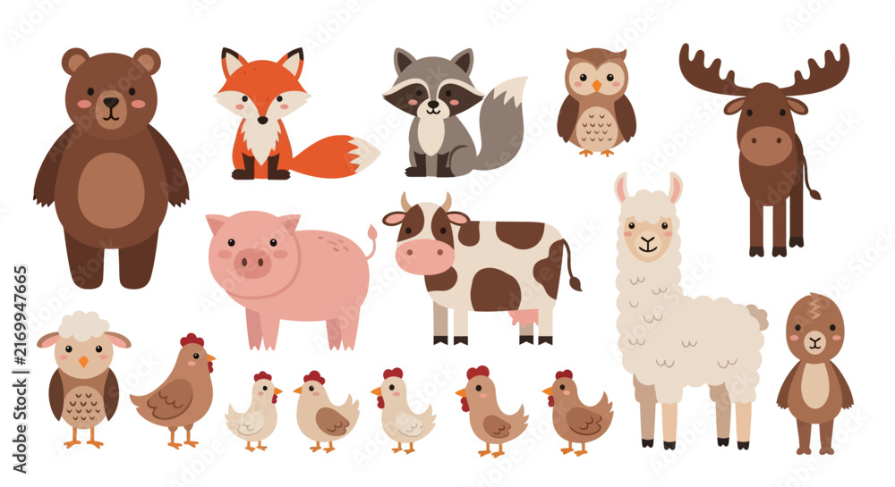Naklejka premium Diverse cartoon farm and woodland animals collection.
