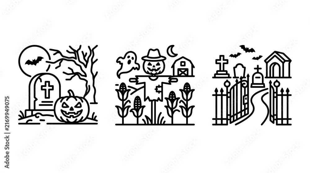 Fototapeta premium Halloween theme linear illustration set showing graveyard scarecrow and cemetery gates with halloween graveyard scarecrow cemetery celebration monochrome tradition collection illustration