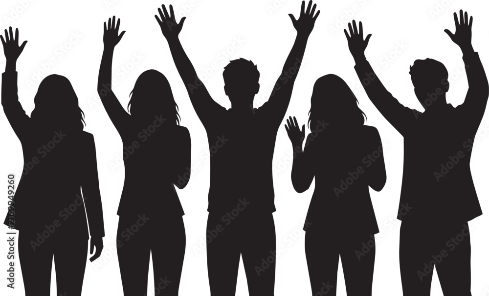 Fototapeta premium Silhouette Group of People Raising Hands Celebrating Success Teamwork Victory Corporate Meeting Concept Vector Illustration