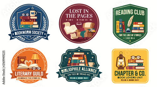 Vintage bookworm badge emblem collection with cozy reading club slogans in warm earthy autumn tones with clean vector outlines for library sticker branding