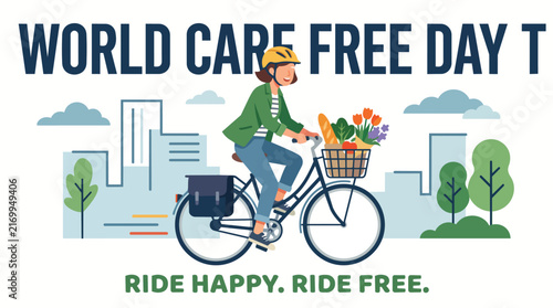 Female cyclist riding bike along urban street in sunny daylight with green eco city backdrop for World Car Free Day transportation poster