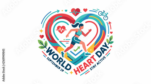 Female runner sprinting inside layered heart emblem with fitness icons in vibrant red and teal palette for World Heart Day cardio wellness poster