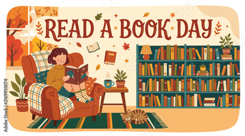 Girl reading novel in comfortable armchair beside bookshelf with sleeping cat in warm cozy autumn palette with flat vector art for Read a Book Day poster