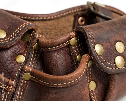 Close-up of Brown Leather Boot with Brass Studs and Stitching