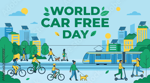 Sustainable urban mobility scene with cyclists electric tram and pedestrians in bright sunlit green cityscape with flat vector artwork for World Car Free Day campaign