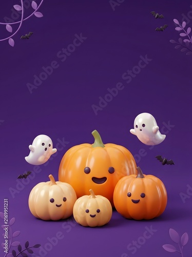 Cute 3d halloween pumpkins and ghosts with bats on a purple background