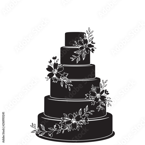 Five tier wedding cake silhouette with floral line art and botanical details for marriage celebration and bakery branding
