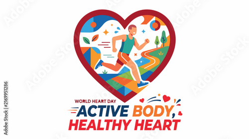 Happy young runner sprinting through colorful landscape inside heart frame in bright uplifting colors with flat vector illustration for cardio health campaign