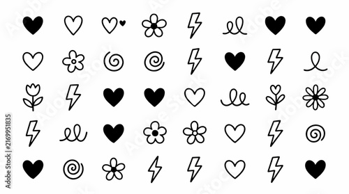 Hand-drawn minimalist collection of black and white doodle icons including hearts, flowers, lightning bolts, and decorative swirls on a clean white background.
