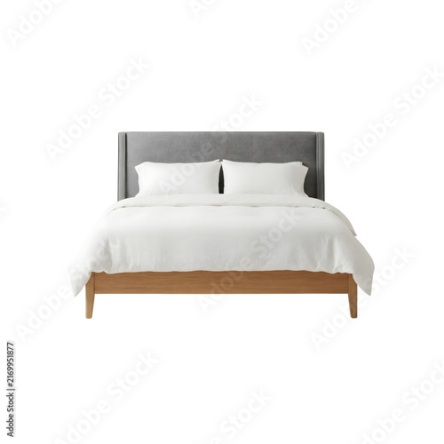 Foto Modern wooden bed with grey upholstered headboard and white bedding