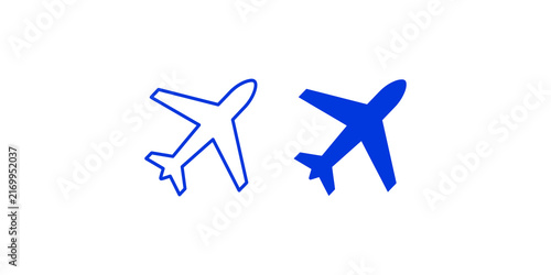 Two blue airplane icons one outlined and one solid symbolizing travel and aviation for design elements.
