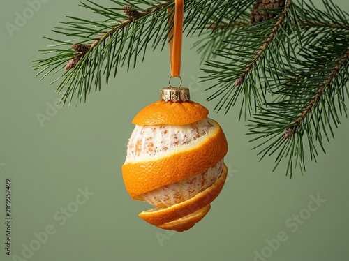 Creative christmas ornament made from a peeled orange hanging on a pine branch against a soft green background