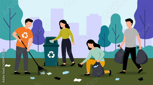 Volunteers cleaning up a park, collecting litter and recycling waste