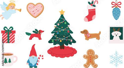 Cute Christmas Holiday Vector Icon Set with Decorated Xmas Tree Gingerbread Man Angel Gnome and Cute Dogs for Winter Celebration Graphic Designs
