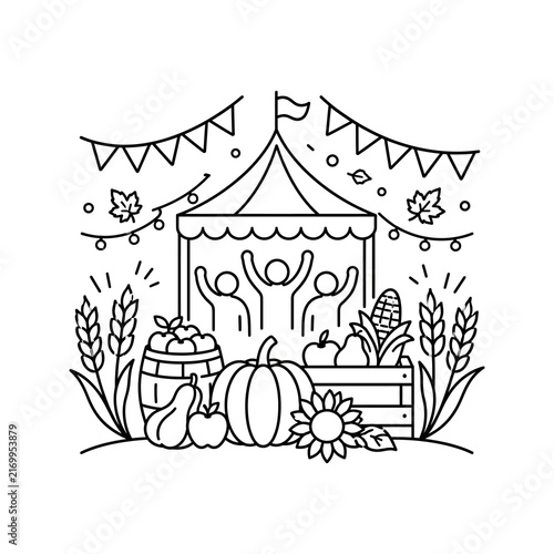 Autumn harvest festival with tent and people, agricultural products line art.