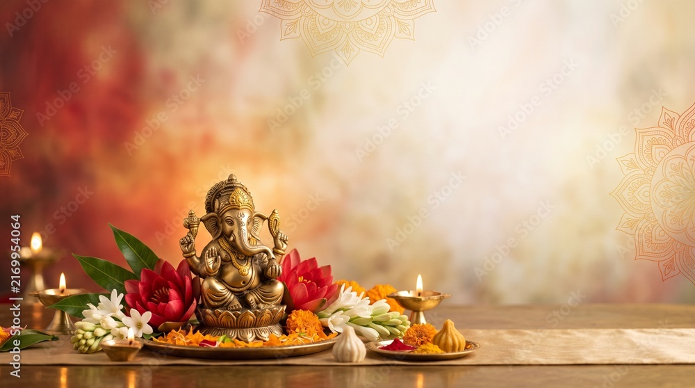 Obraz premium Decorated Lord Ganesha idol with flowers and traditional festive ornaments for Ganesh Chaturthi Hindu festival celebration.