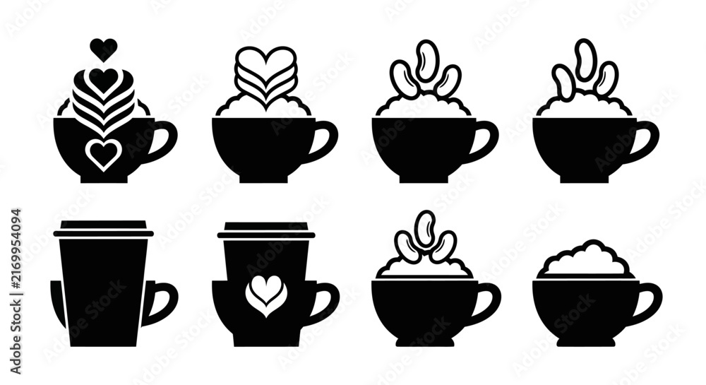 Fototapeta premium Creative coffee cup silhouettes with foam and bean toppings including heart shapes and whipped cream layers for cafe promotional graphics and menu illustration