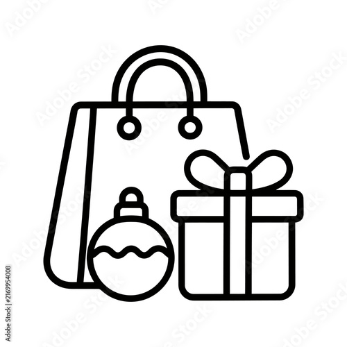 Christmas shopping bag with gift and bauble decoration for holidays.