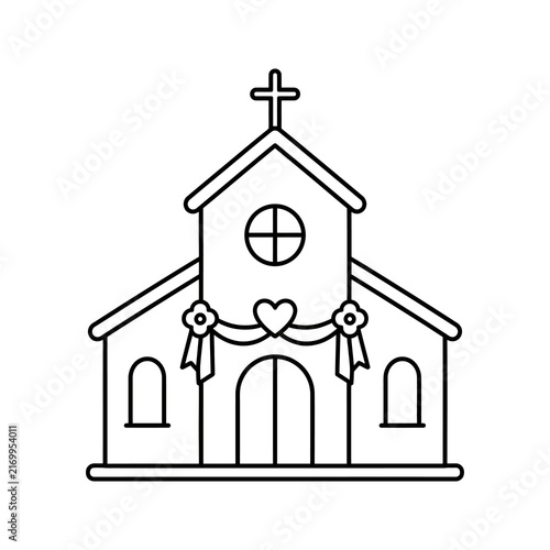 Church building outline with cross and heart garland for weddings.