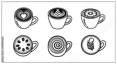 Latte art coffee cup icons vector illustration of beautiful foam patterns on top of beverage for cafe menu design and coffee shop branding isolated on white