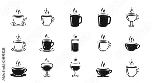 Assorted coffee cups and glassware icons set vector illustration of various mug shapes with steam lines for beverage menu design isolated on white background