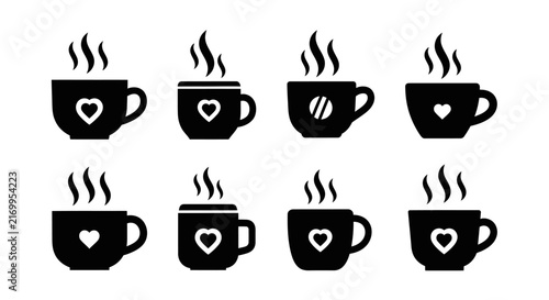 collection of black steaming coffee cups with hearts and patterns isolated on white background vector illustration