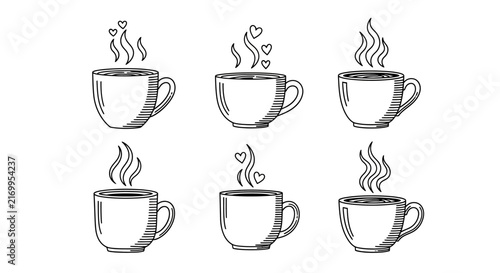 Set of six hand-drawn coffee cups with steam and heart details, perfect for cafe menus, romantic themes, and beverage-related design projects