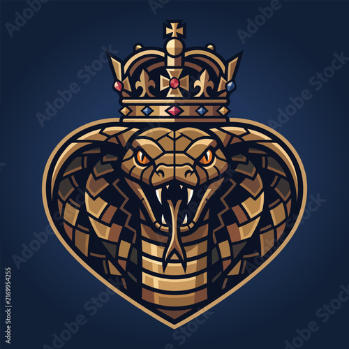 Foto Majestic golden king cobra snake wearing a detailed royal crown inside a shield frame