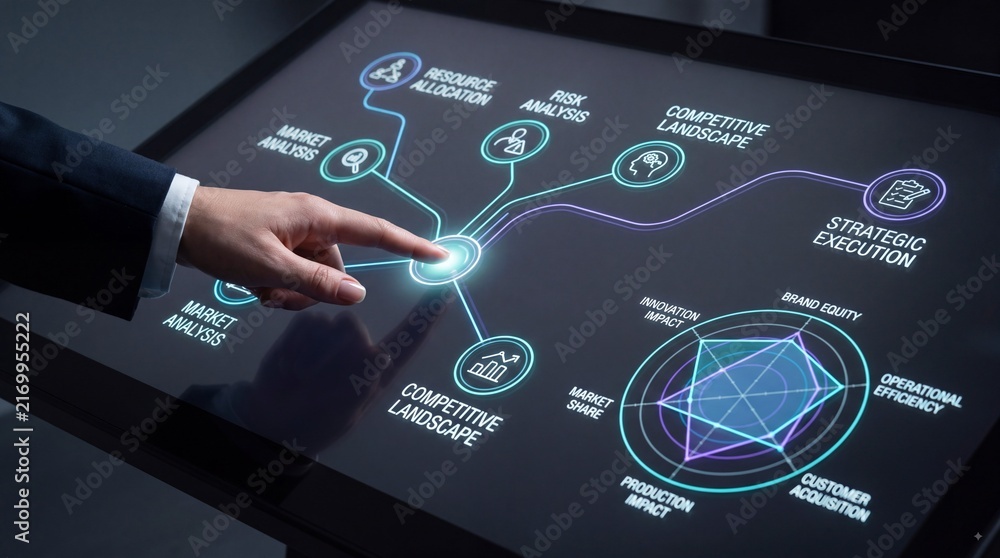 Obraz premium Business strategy planning on futuristic touchscreen dashboard