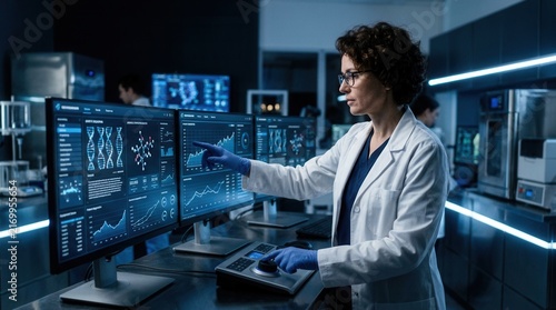 Scientist Analyzing Genetic Data On Futuristic Computer Screens In A Modern Laboratory