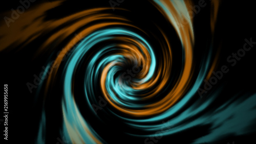 Canvas Print Futuristic abstract vortex with flowing cyan and golden-orange light trails spiraling into a central point against a dark black background