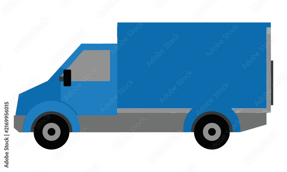 Fototapeta premium Stylized blue commercial box truck with simplified geometric design, isolated on white background. Logistics and delivery concept