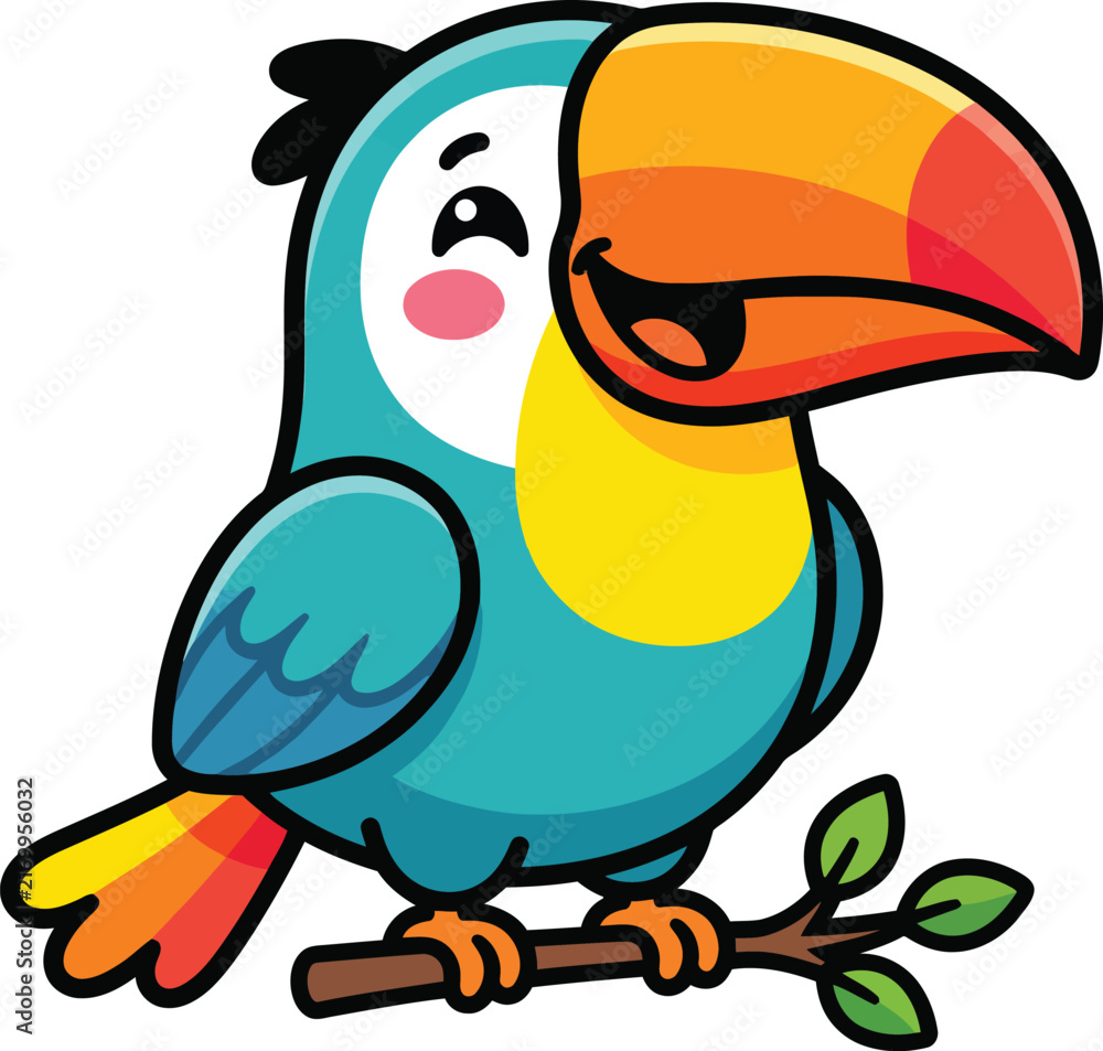 Naklejka premium Cute cartoon toucan perched on a branch isolated on transparent background