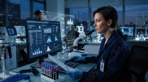 Scientist Analyzing Medical Data On Futuristic Holographic Interface