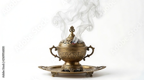 An ornate antique brass incense burner with swirling white smoke rising against a clean white background