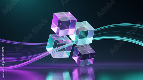 Four transparent glass cubes interconnected by glowing fiber optic cables on dark blue background.