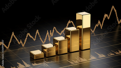 Golden bar chart with financial data trends and stock market analysis on dark grid background.