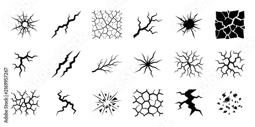 Set of black and white crack patterns and broken surface textures for design elements and background effects