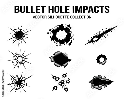 Collection of various bullet hole impact silhouettes and gun shot damage marks for graphic design projects