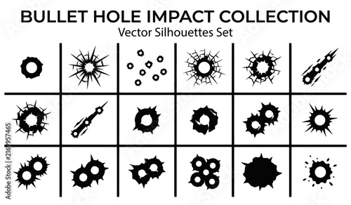 Set of various bullet hole impact icons and gun shot marks in black and white vector style