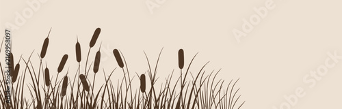 фотографія Black cattail and reed silhouettes with tall marsh grass plants for wetland and riverside landscape design