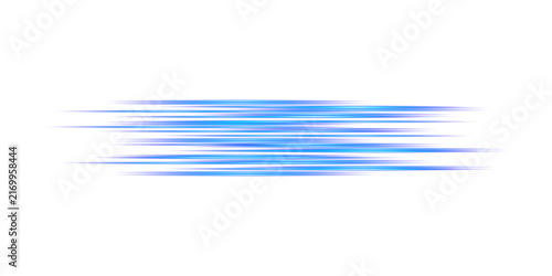 Horizontal blue light streaks with tapered ends, isolated on a white background, lines