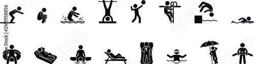 Swimming Pool Activity Stick Figure Silhouette Set Diving Floating Sunbathing Water Sport Summer Vector Design