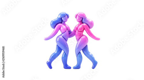 Glossy stylized Gemini twins with mirrored silhouettes and vibrant cobalt blue, violet and pink gradients, isolated on white background.