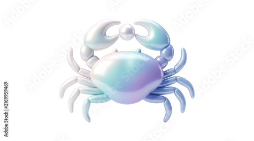 Glossy stylized Cancer crab with a rounded shell and luminous aqua, lavender and moonlit blue gradients, isolated on white background.