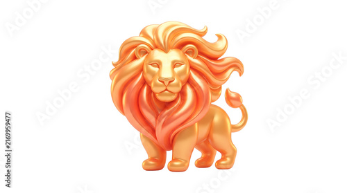 Glossy stylized Leo lion with a sculptural flowing mane and radiant golden, amber and orange gradients, isolated on white background.