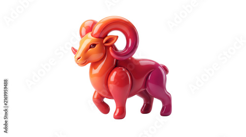 Glossy stylized Aries ram with elegant curved horns and fiery orange, crimson and magenta gradients, isolated on white background.