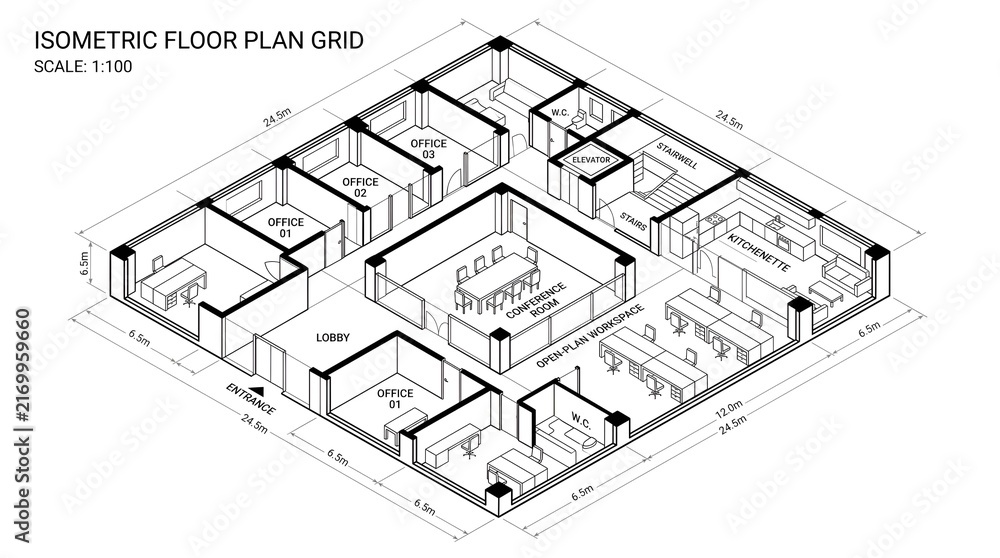 Fototapeta premium Isometric floor plan grid with office layout, technical architectural drawing of workspace, 3D building blueprint with scale 1:100