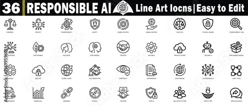 Fotografie Responsible AI line art icon set