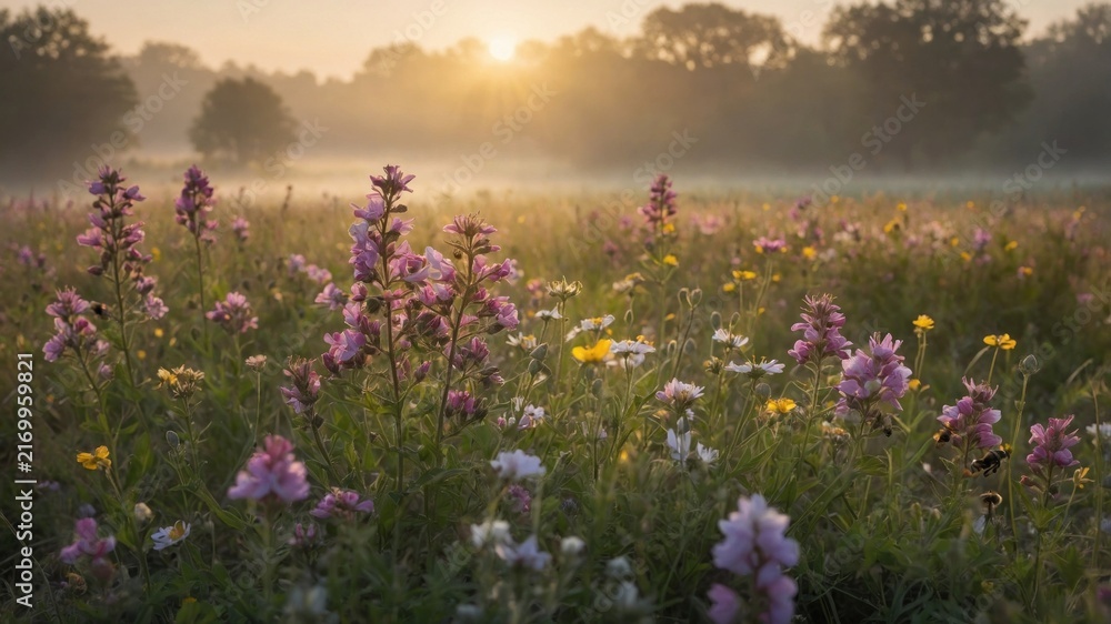 Naklejka premium Wildflowers blooming in a misty meadow at sunrise